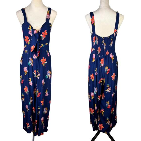Madewell Plumeria Cutout Navy Bird of Paradise Print Sleeveless Smocked Jumpsuit - Picture 3 of 11